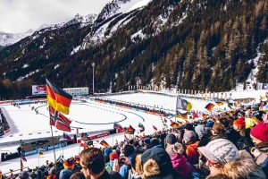 Crowded biathlon stadium in Italy